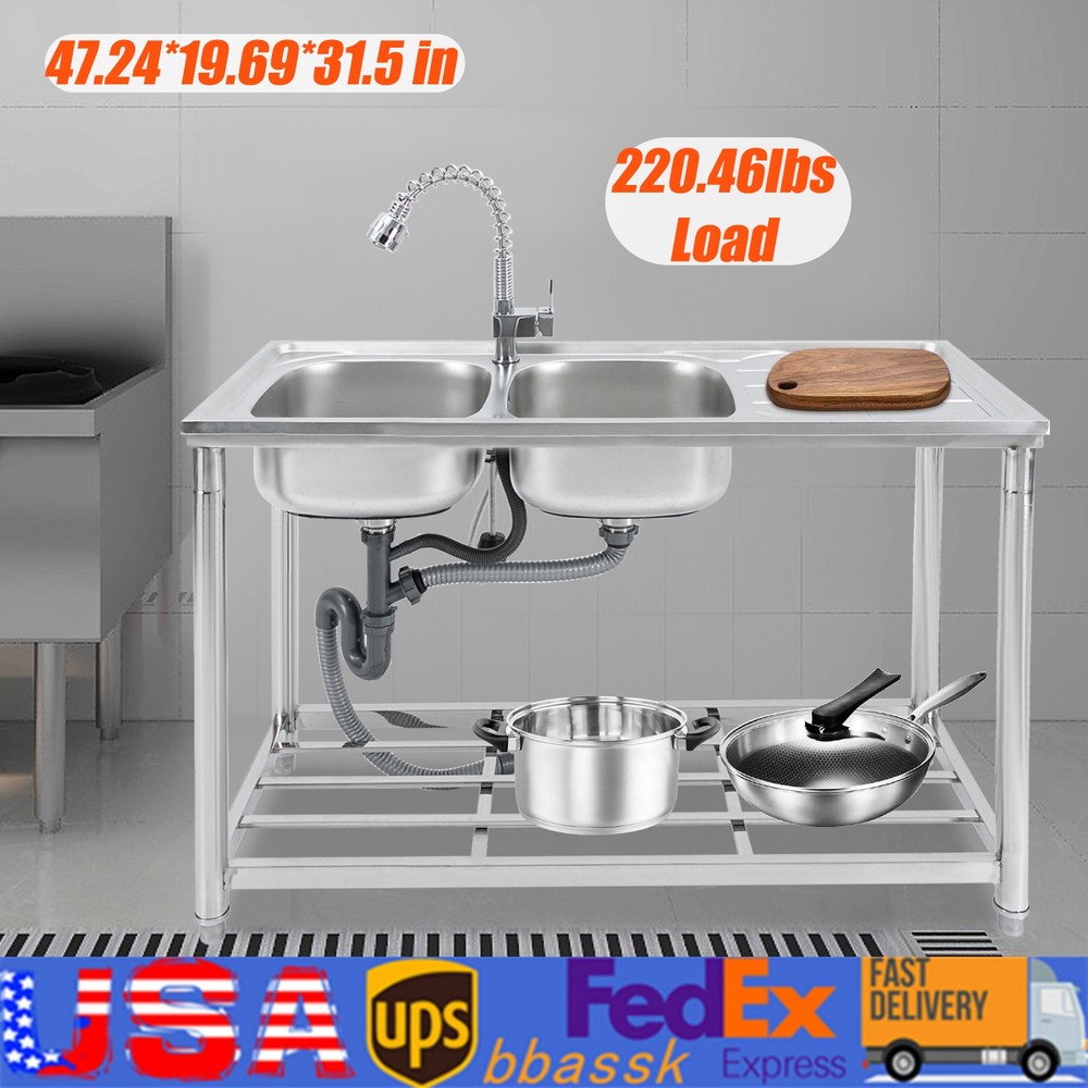 Stainless Steel Double Bowl Kitchen Sink with Pull Out Faucet 120x50x80cm-image