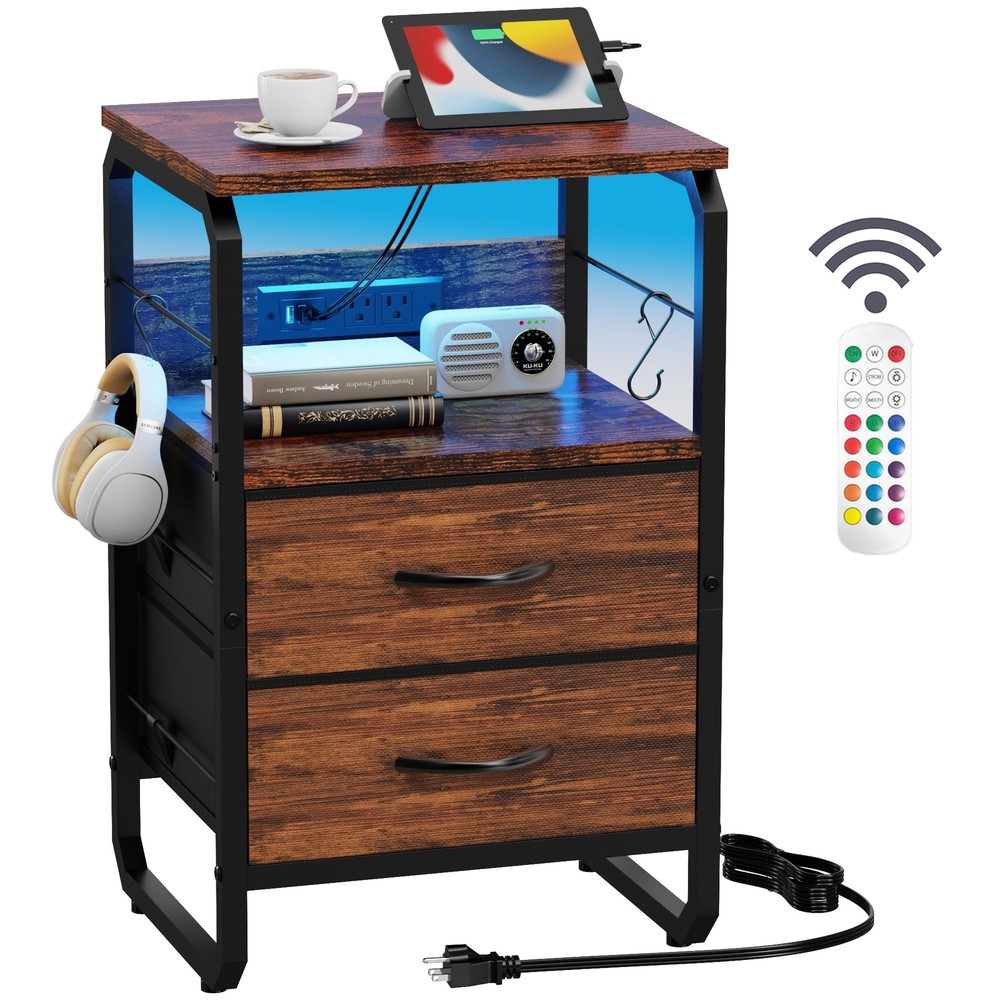 LED Nightstand with Storage Drawers & Hooks - Modern Bedside End Table
