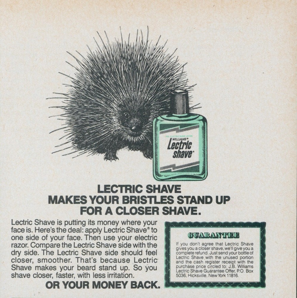 1981 Lectric Shave Porcupine Quills Bristles Stand Up Closer Vtg Print Ad SI5