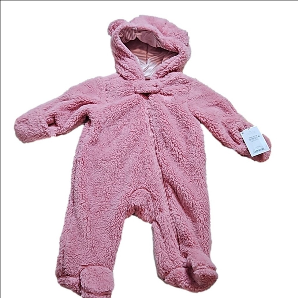 Carter’s baby girls size 3 months Pink Bear-Ear Hooded Teddy bear sherpa Footie