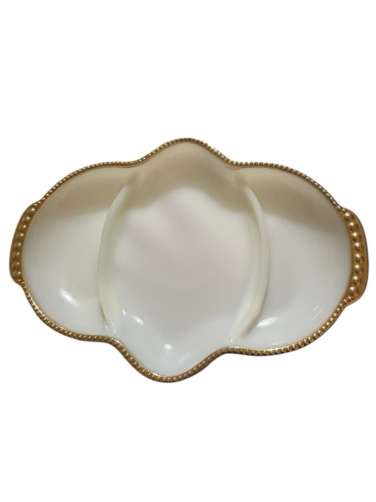 VTG Fire King Oven Ware Milk Glass White Gold Trim Divided Relish Dish USA