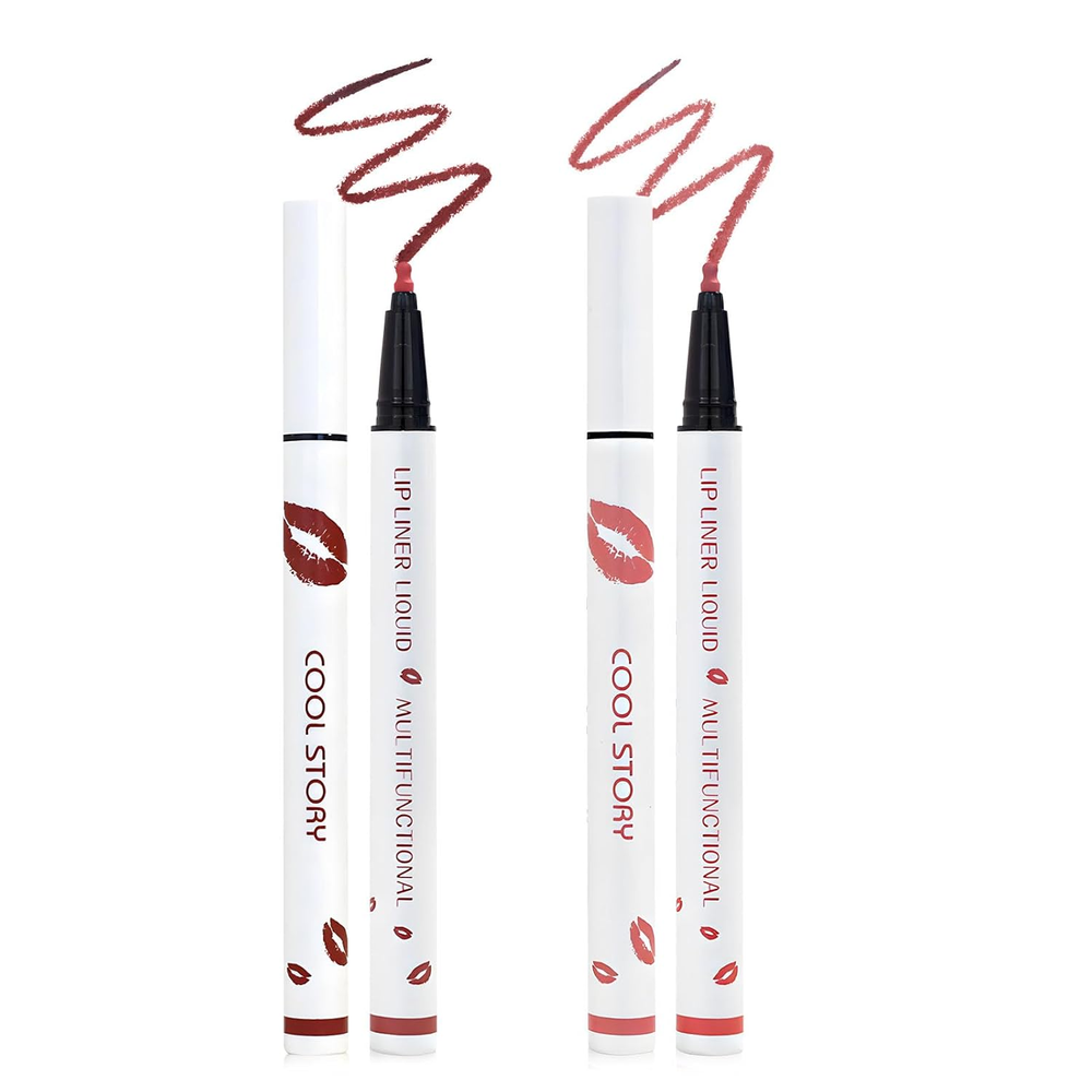 2Pcs Longwear Waterproof Lip Liner & Lipstick Duo, Cool Story 2-in-1 Liquid Lip Liner