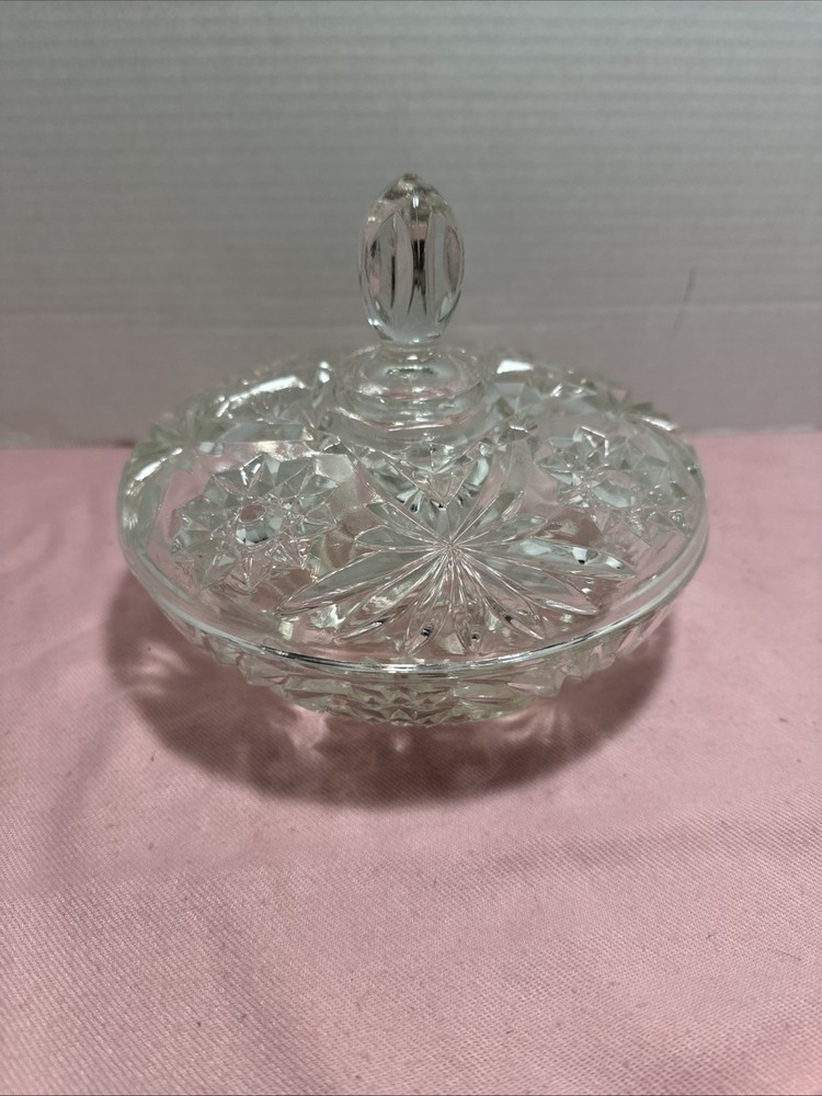 Vintage Star Pinwheel Cut Crystal Candy Dish with Lid 6.5 Inch Clear Glass