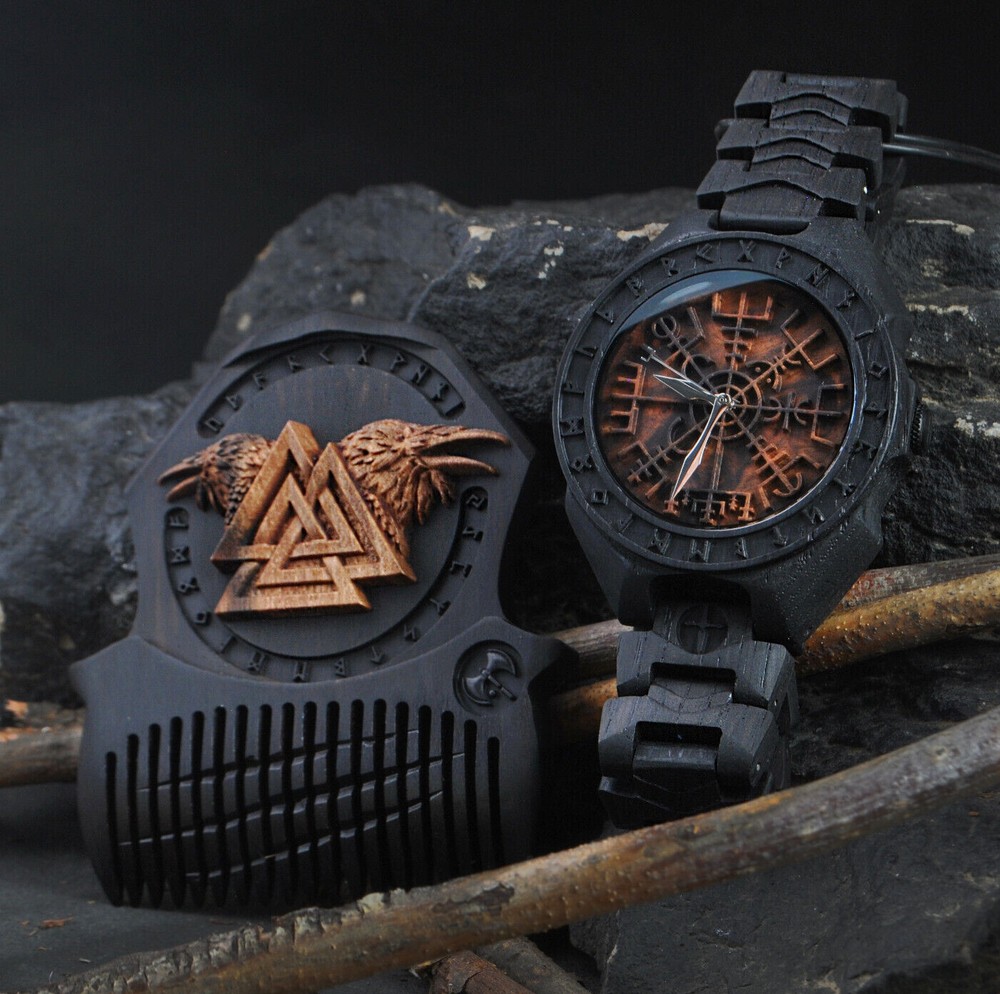 Gift set Vegvisir Viking Compass Wooden Viking Mens gift watch with beard comb