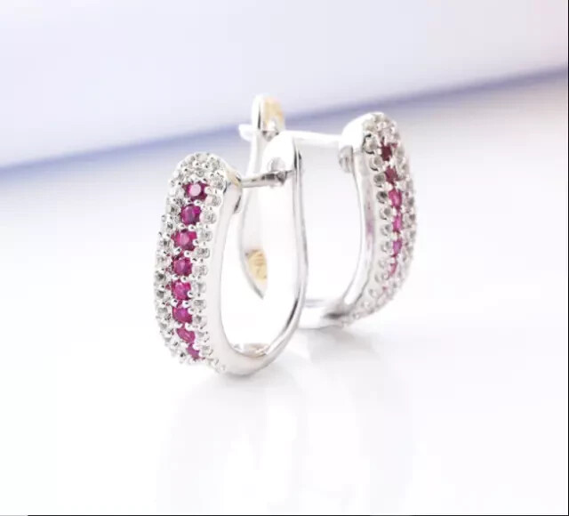 Pink Round Simulated Ruby Hoop Earrings in 14K White Gold Plated  