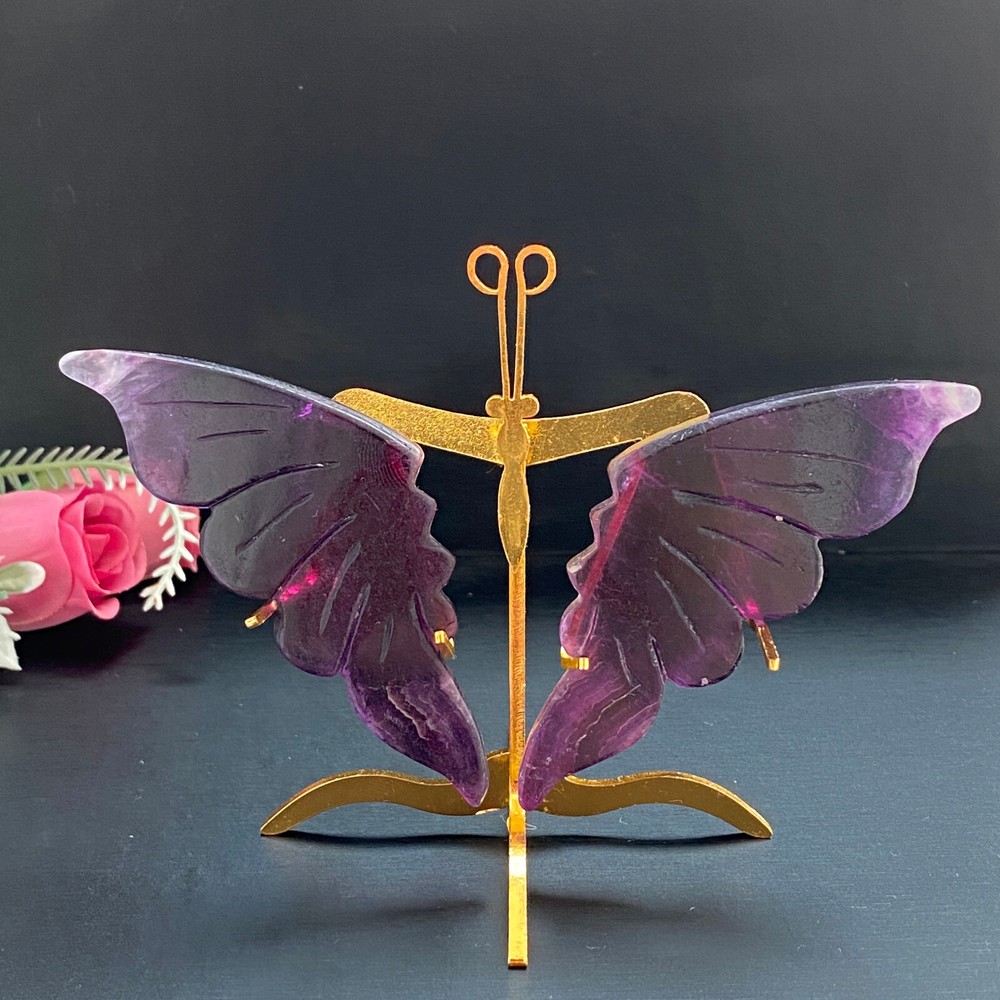 Natural Crystal Rainbow Fluorite Butterfly Wings Healing Statue Decor + Stand