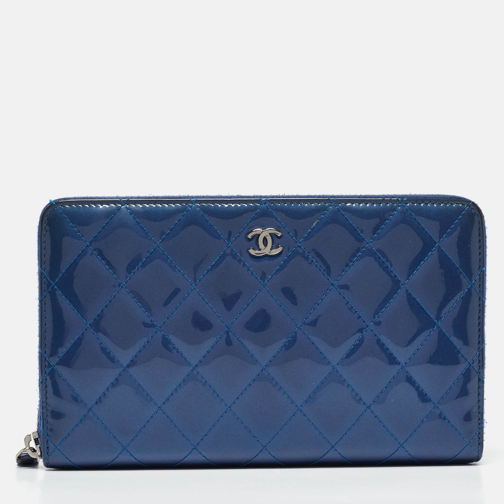 Chanel Blue Quilted Patent Leather Zip Around Wallet Organizer