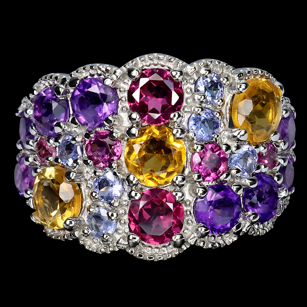 925 Sterling Silver Ring with Citrine, Amethyst, Rhodolite, Tanzanite in Round Cut