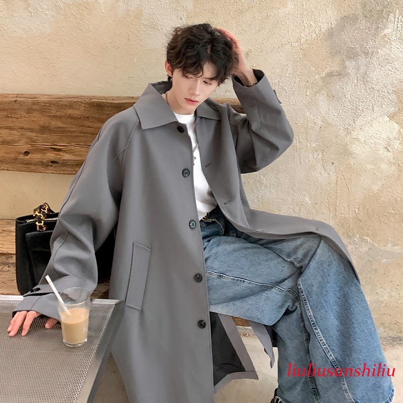 Korean Style Mens Single Breasted Mid Long Trench Coat Overcoat Loose Outwear Sz