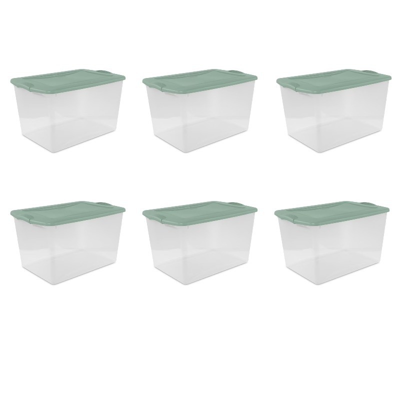 Clear Plastic Storage Bin 66 Qt, Large, Latch Lid, Green, 6 Count