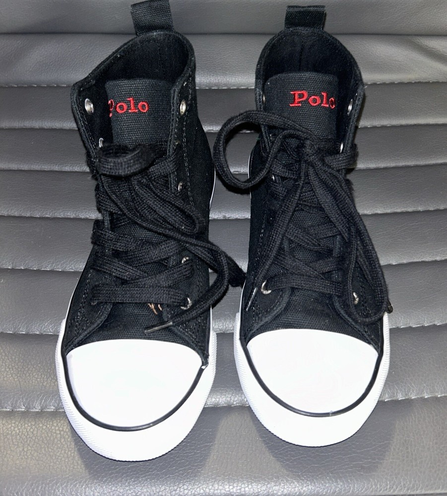 Polo Ralph Lauren Bear Black Canvas Kids High Top Sneaker Shoes Size 2