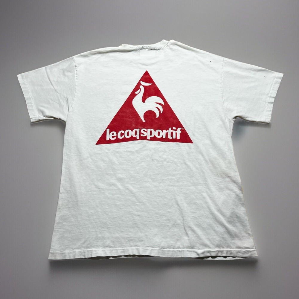Vintage 90s Le Coq Sportif T-Shirt Mens Medium Soccer Made in USA Distressed
