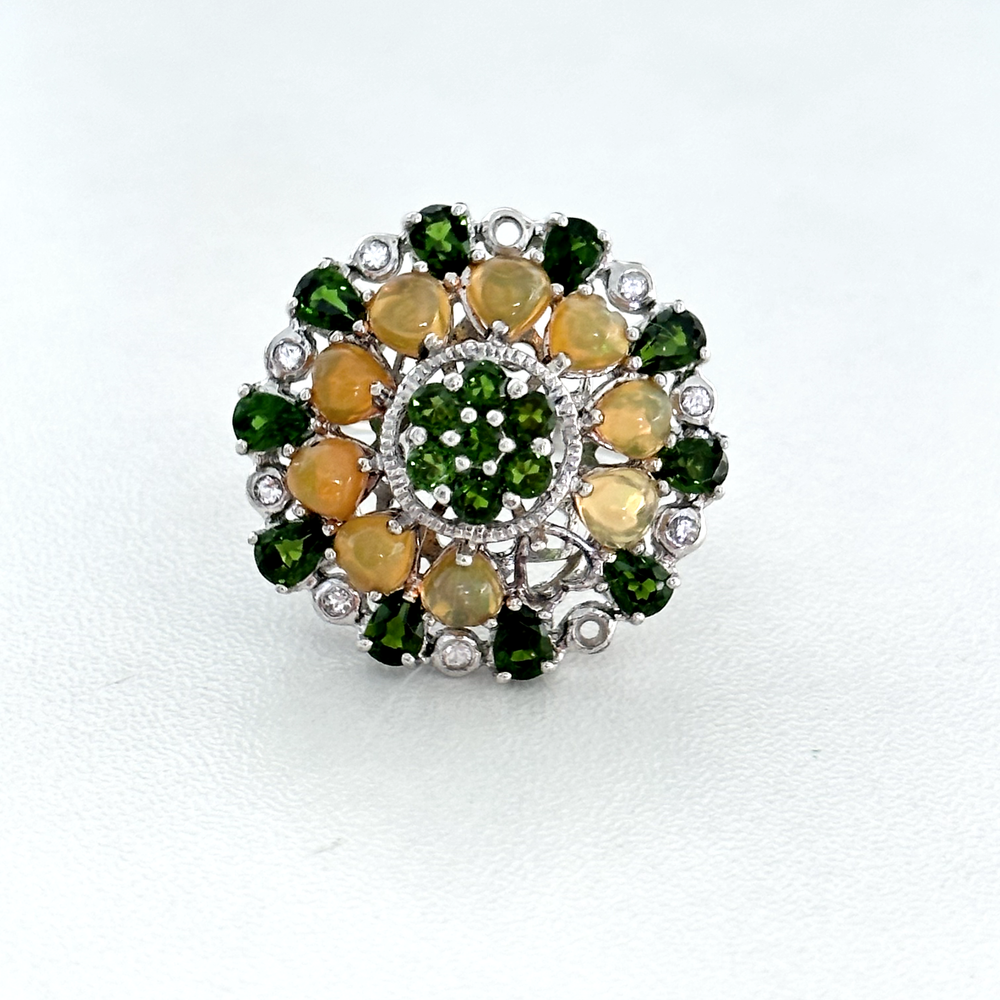 925 Sterling Silver Opal Heart Chrome Diopside White Topaz Statement Ring Size 8