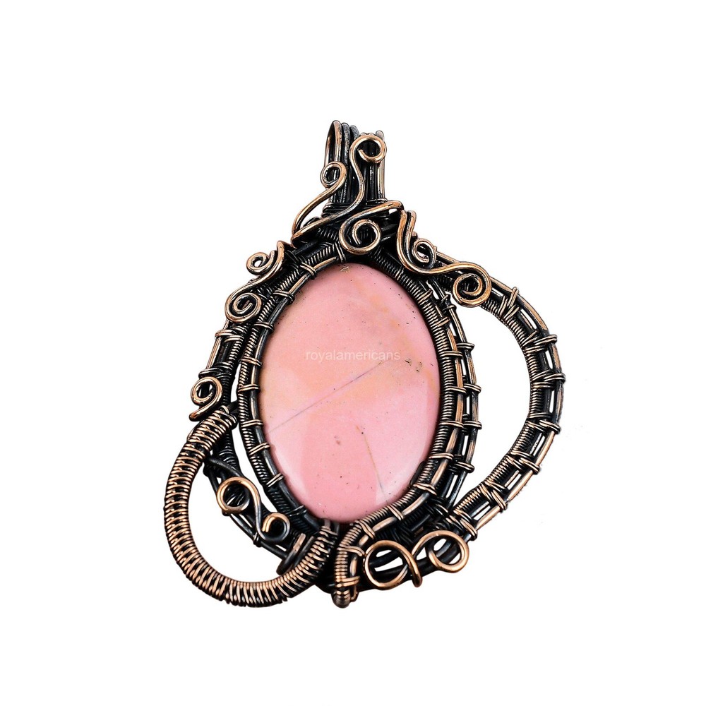 Mother's Day Pink Opal Handcrafted Copper Wire Wrap Pendant-image