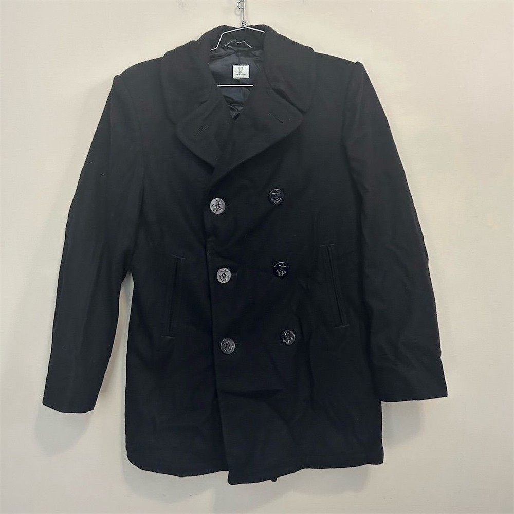 Vintage DSCP Men's PeaCoat Size 38 Long Black Double-Breasted Wool Jacket