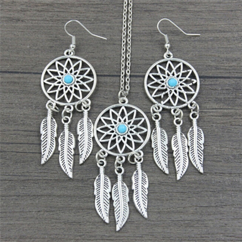 Bohemian Dreamcatcher Leaves Feather Pendant Necklace Earrings Jewelry*a5
