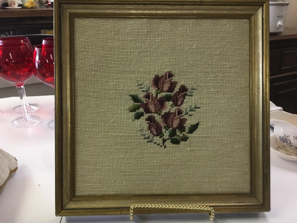 Vintage Needlepoint Lavender Roses Wood Crackled Frame-image
