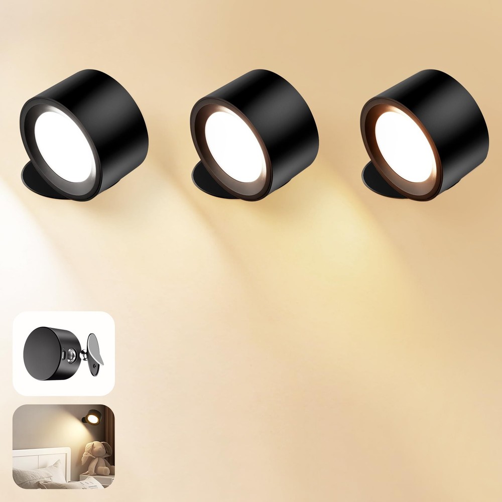 3 Lámparas 360 LED De Pared Techo Inalámbrica Para Habitación Interior Negras