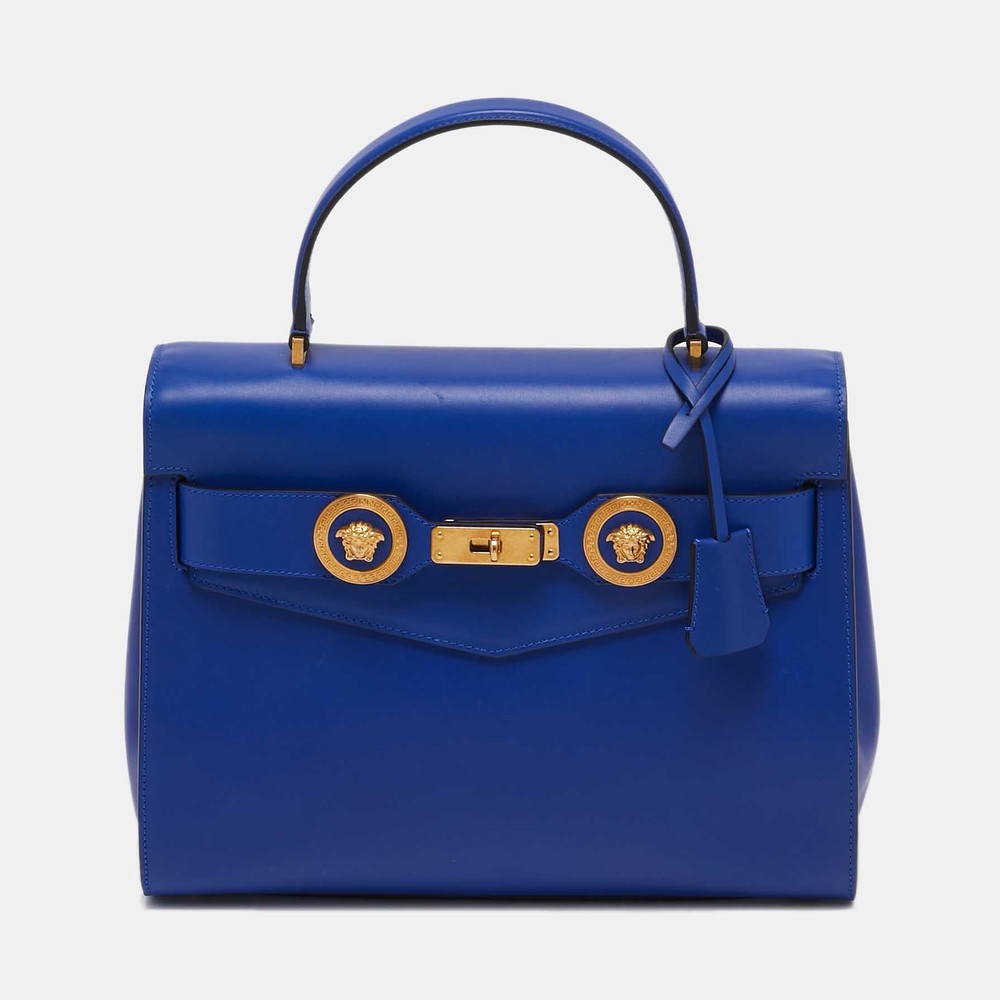 Versace Blue Leather Icon Top Handle Bag with Gold Accents