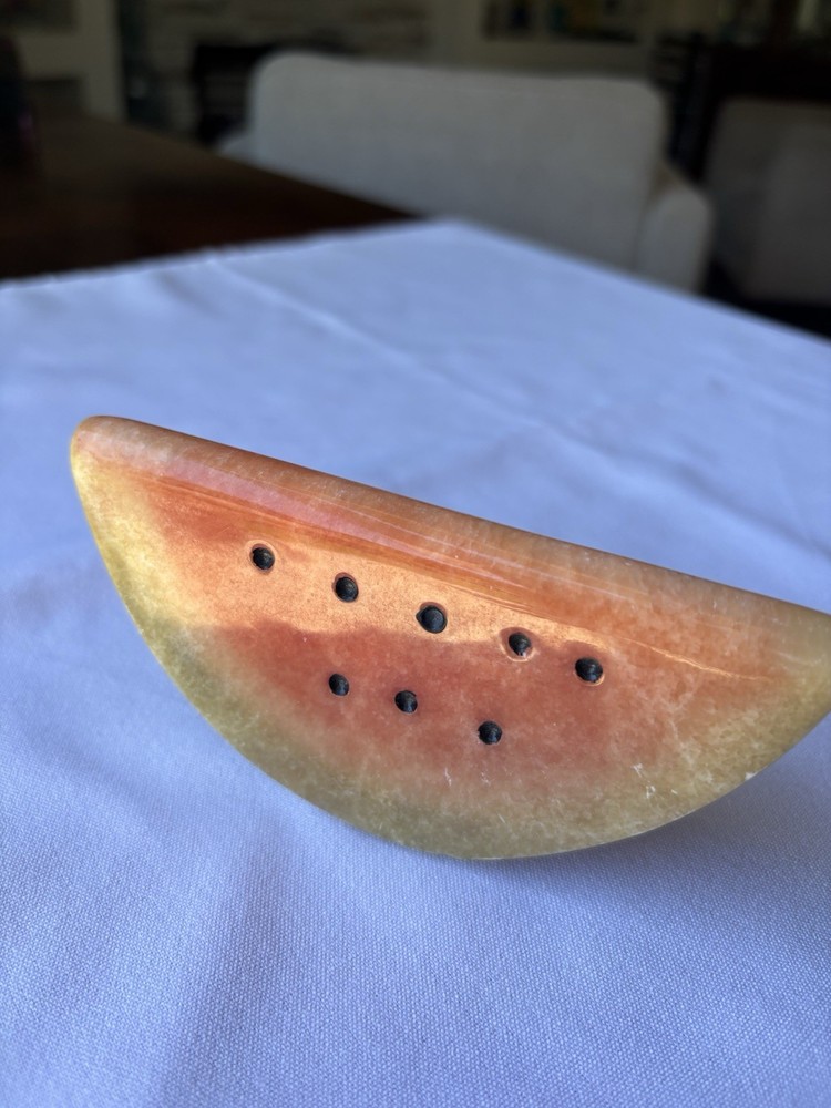 Alabaster Marble Stone Watermelon Fruit Slice Paperweight Vintage Carved Decor