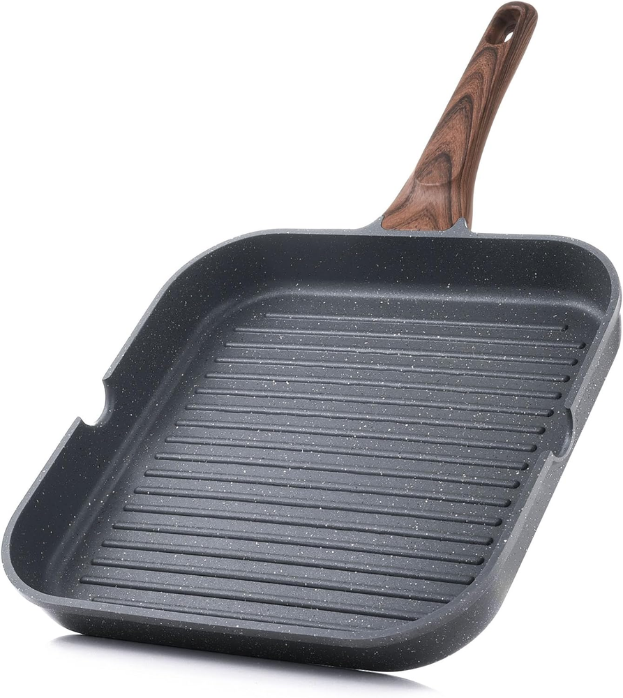 Nonstick Grill Pan for Stove Tops, Versatile Griddle with Pour Spouts, Square Bi