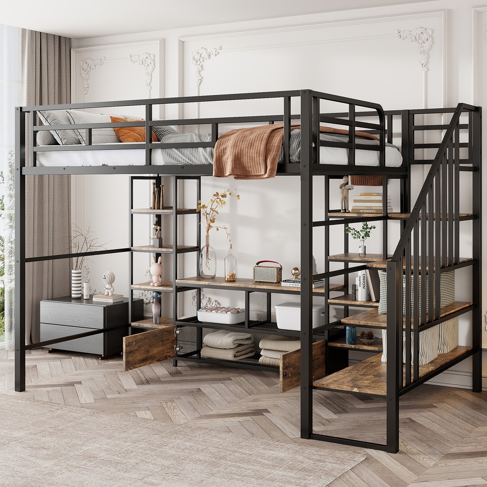 Full Size Black Metal Loft Bed with Stairs Storage Shelves and Table  -image