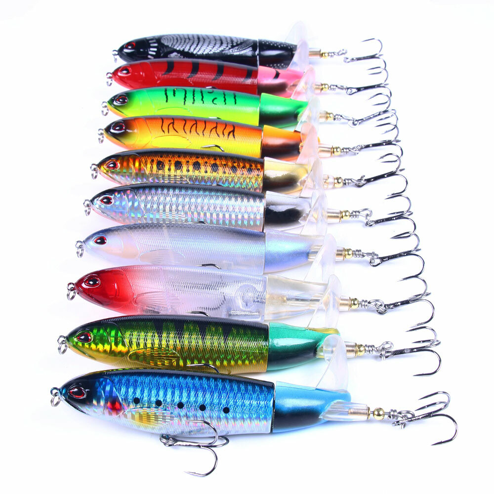 10PCS Wobbler Popper 11cm/17g Topwater Floating Fishing Lures Rotating Tail Bass