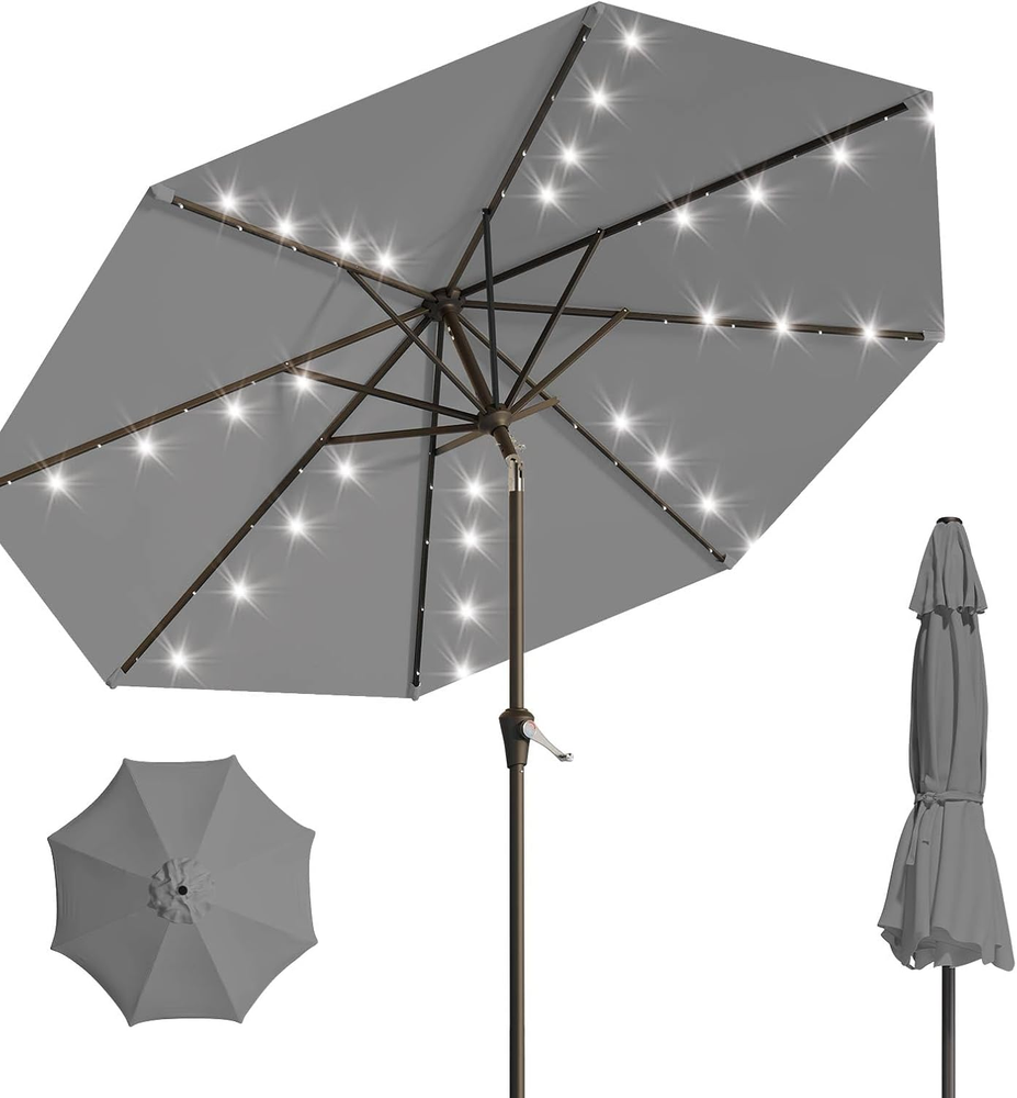 9FT Solar Umbrella 32 LED Lighted Patio Umbrella Table Market Umbrella W/Tilt an