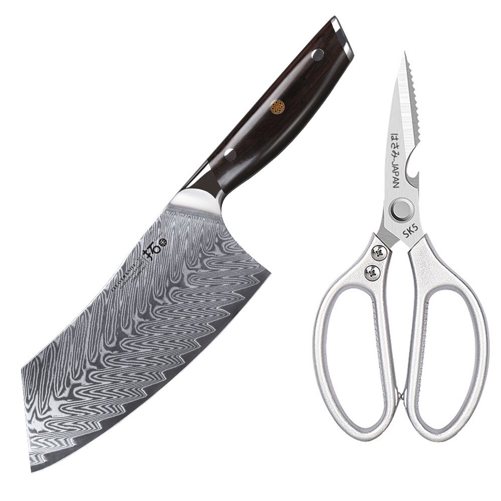 7in Cleaver Knife ChopperJapanese VG10 Damascus Steel Knife + Kitchen Shears Set