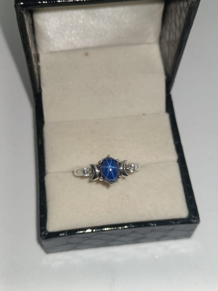 Vintage Blue Lindy Star Sapphire Ring 925 Sterling Silver Lab Created Sapphire
