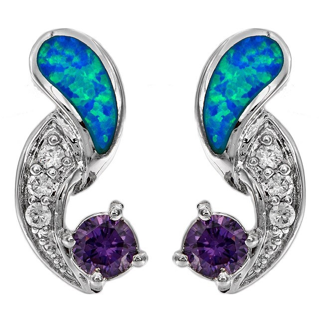 2CT Amethyst & Australian Opal Inlay 925 Sterling Silver Earrings Jewelry OE3