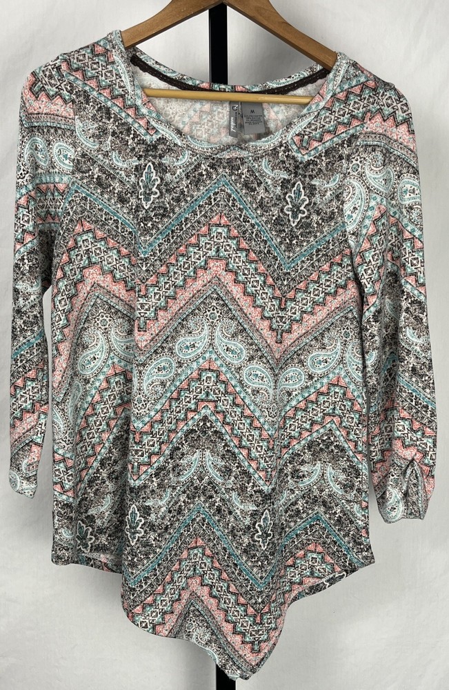 New Direction Weekend Top Medium Asymmetrical Scarf Hem Tunic Paisley Blue Brown