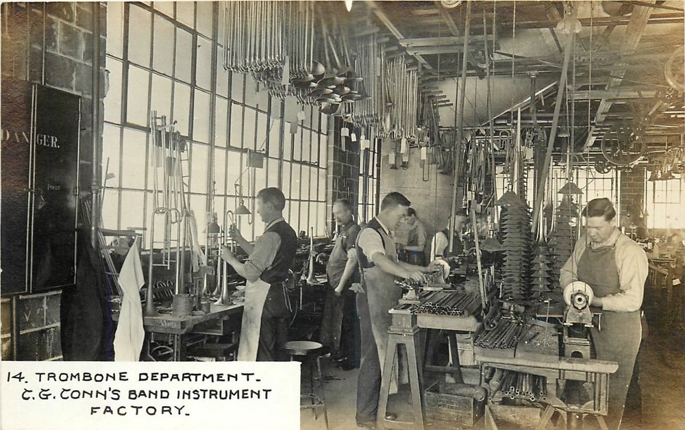 c1910 Elkhart Indiana Trombone Dept Conn's Band Interior RPPC Postcard 25-6272
