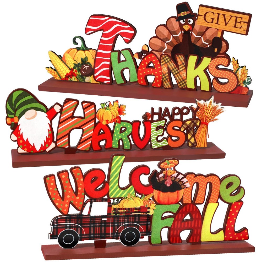 3 Pcs Wood Thanksgiving Table Decor, Autumn Decor Fall Decorations Turkey Pum...