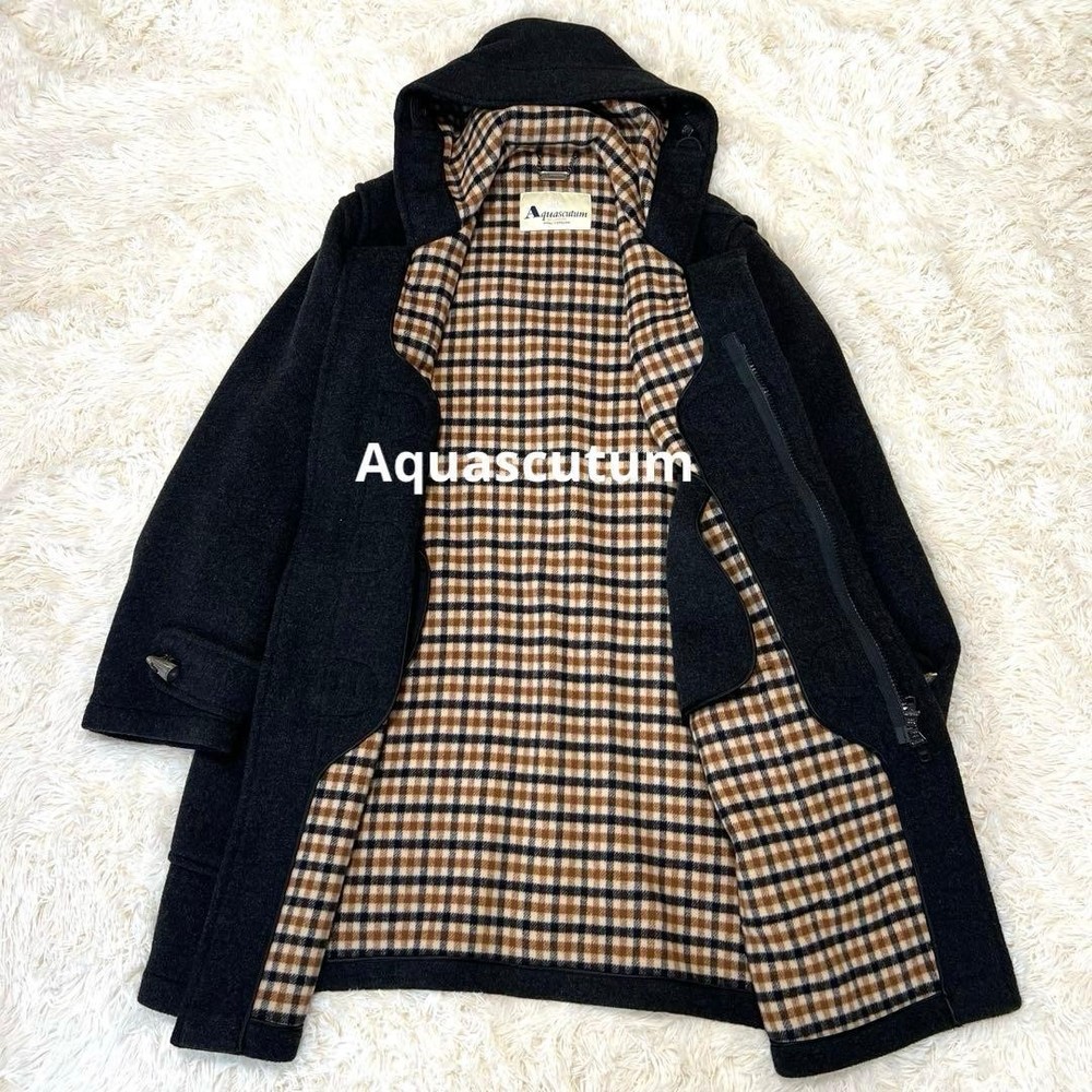 Aquascutum Duffle Coat Wool Charcoal Gray Authentic Men's Long Coat Used Check