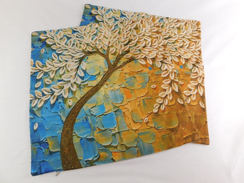 2 Tree of Life Nature Art Blue Orange Decorative Square Pillow Cushion Covers