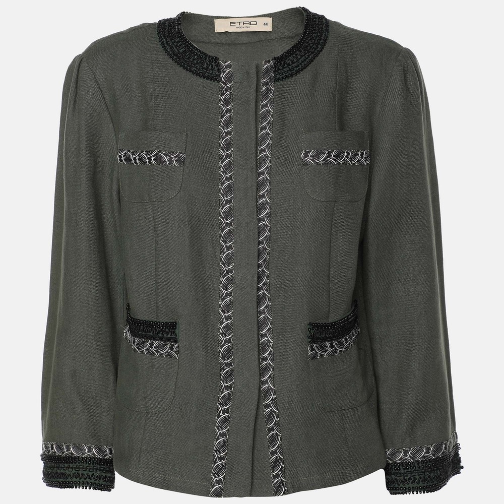 Etro Green Linen Embellished Button Front Jacket M