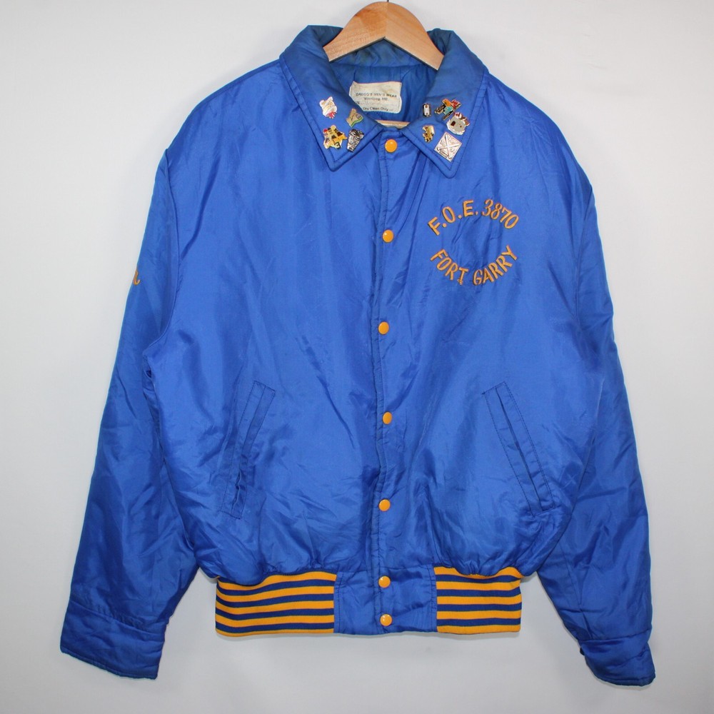 Vintage Varsity Jacket Large Blue 80s Fort Garry Trading Post Winnipeg USA Pins