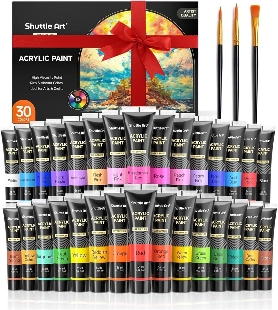 30 Colors Acrylic Paint Set, 36Ml Tubes with 3 Brushes, Artist Grade Acrylic Pai