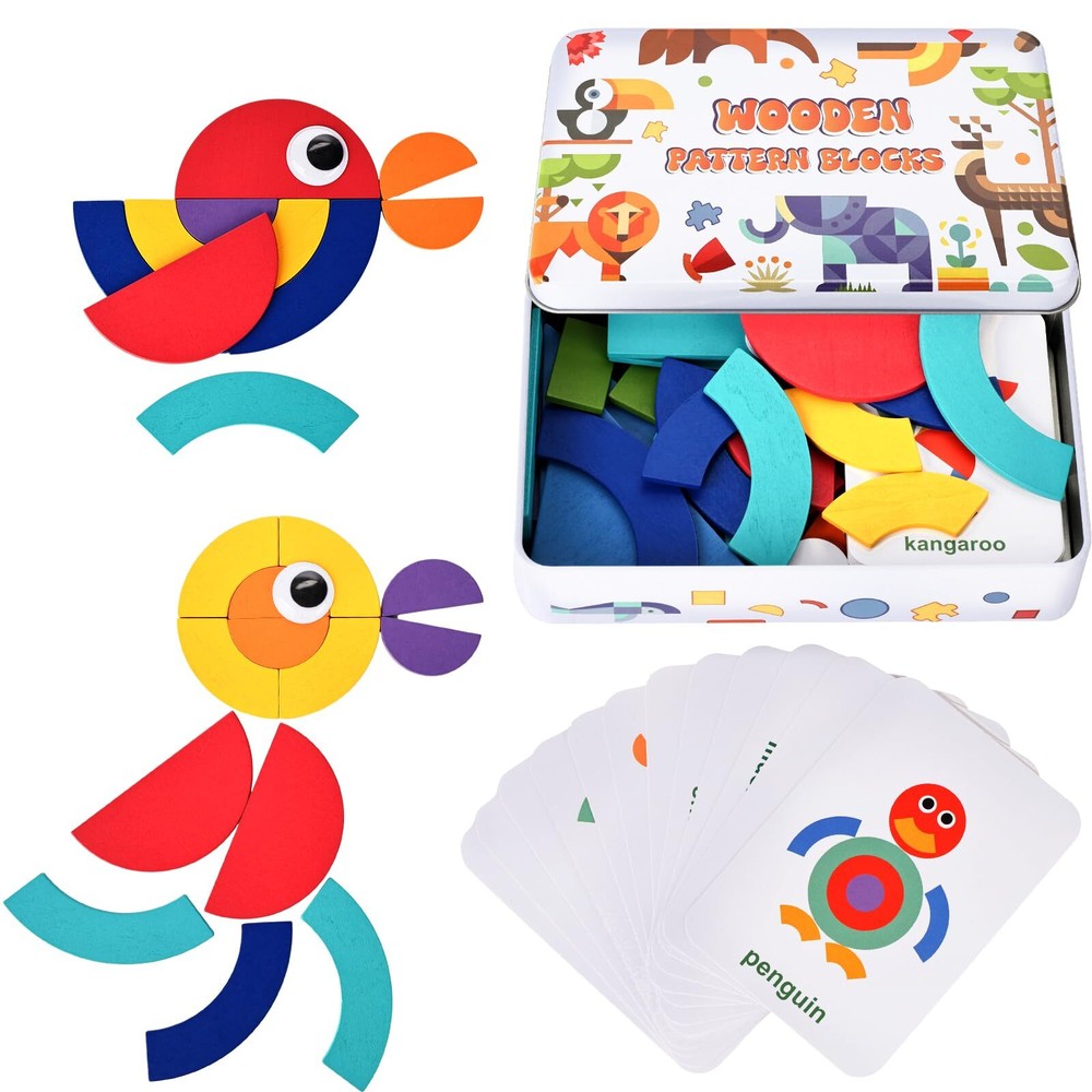 MCPINKY 38 Blocks&50 Cards Wooden Pattern Blocks Open Ended Wooden Shape Puzz...