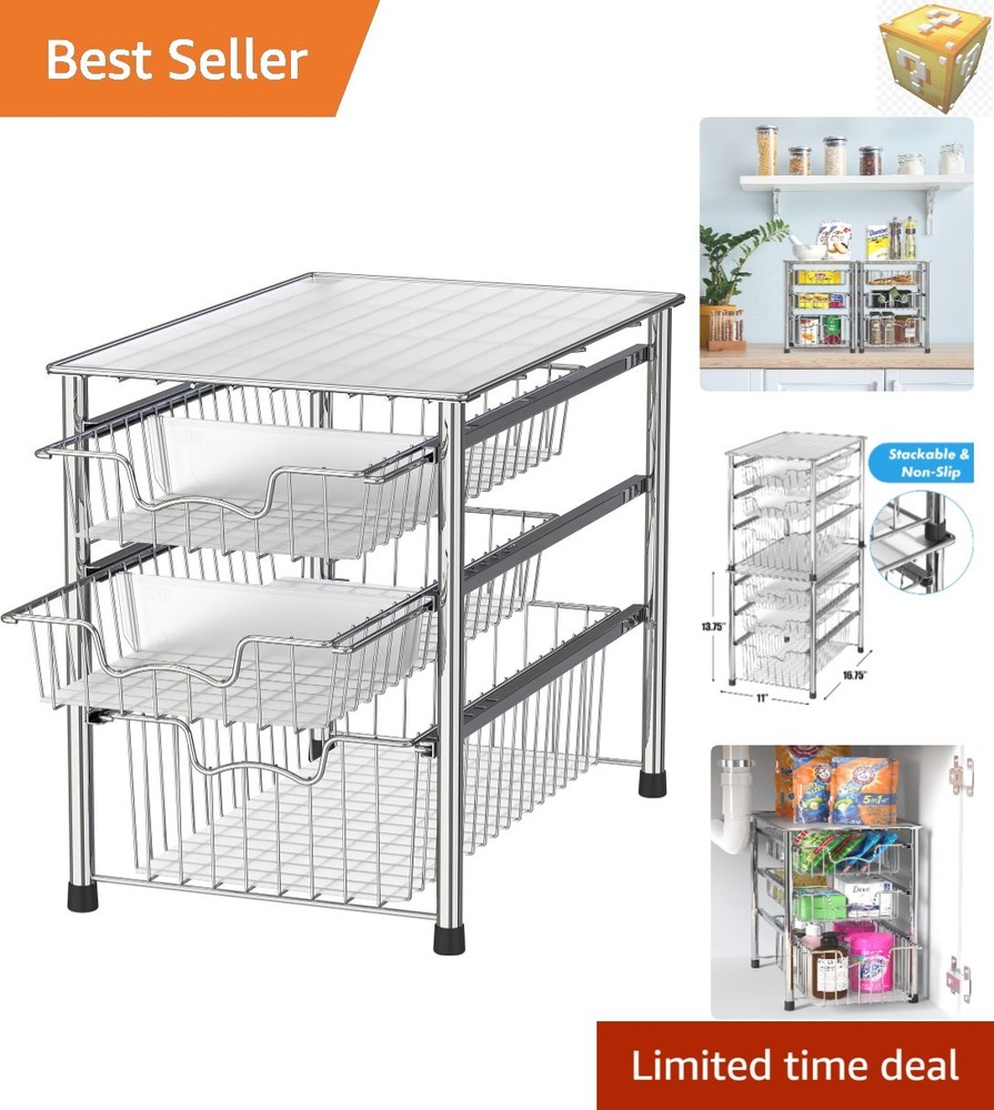 Versatile Stackable 3-Tier Chrome Basket Organizer for Smart Home Storage