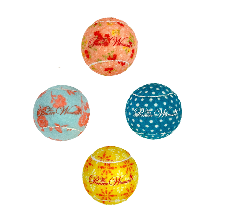 Pioneer Woman 4 Pack Tennis Balls Dog Toys ✨ Colorful, Chew Level 2, Tug & Play