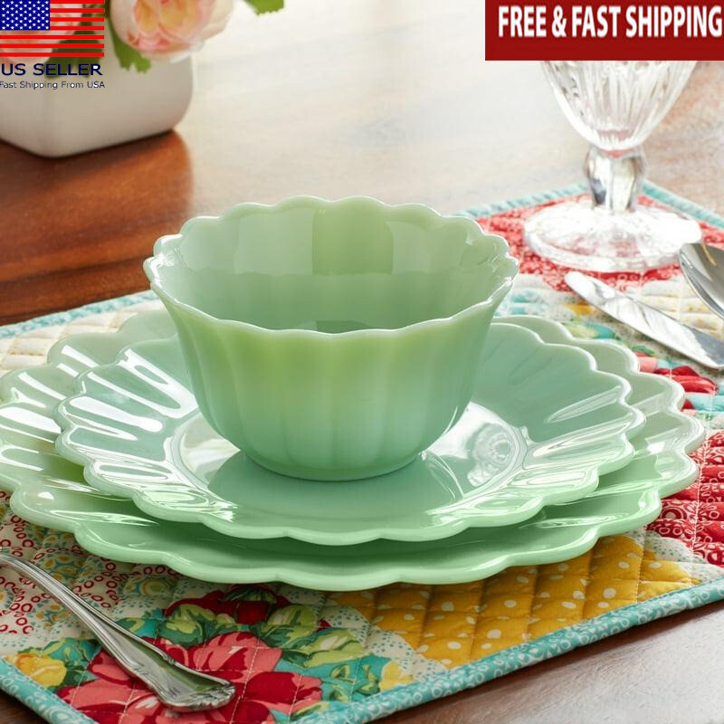Ree Drummond Timeless Beauty Jade Glass Dinnerware Set in Vintage Retro Style