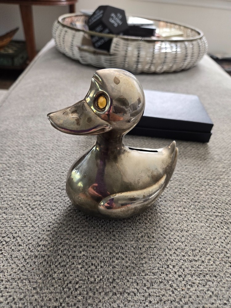 Vintage Silver Plated Metal Duck Coin Piggy Bank