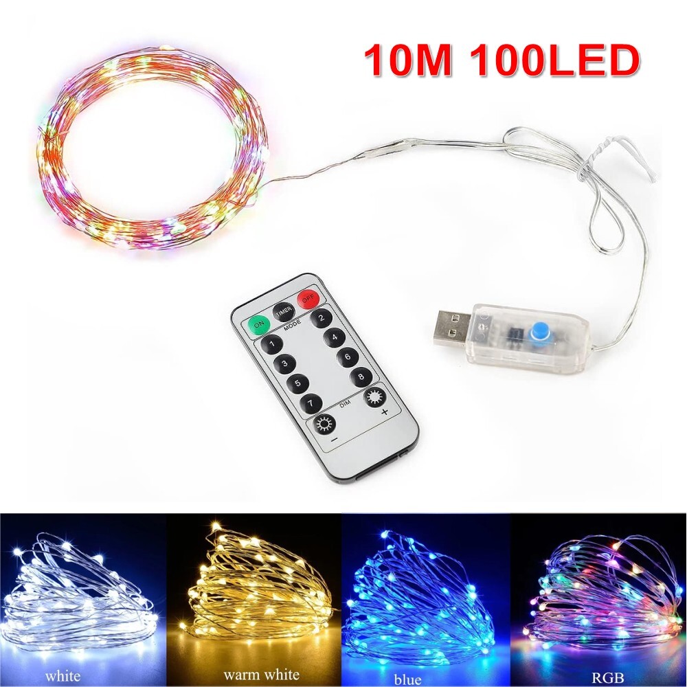 USB Plug in 100 LED Fairy String Lights DIY Remote Copper Wire Xmas Garden Decor