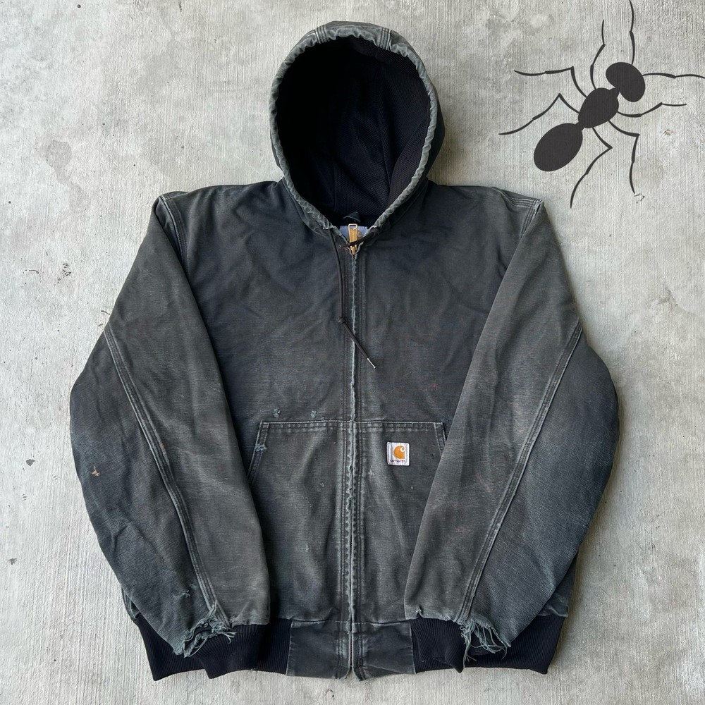 Vintage Y2K Faded Black Carhartt Hooded Work Jacket