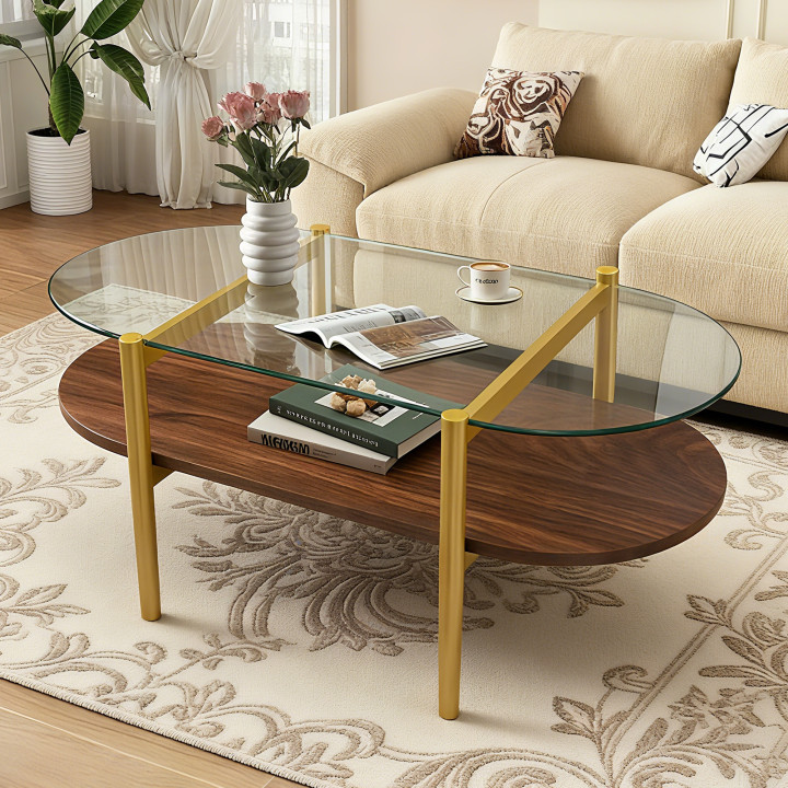 41 Inch Oval Glass Coffee Table, Mid Century Modern 2-Tier Storage 41x21x17 in