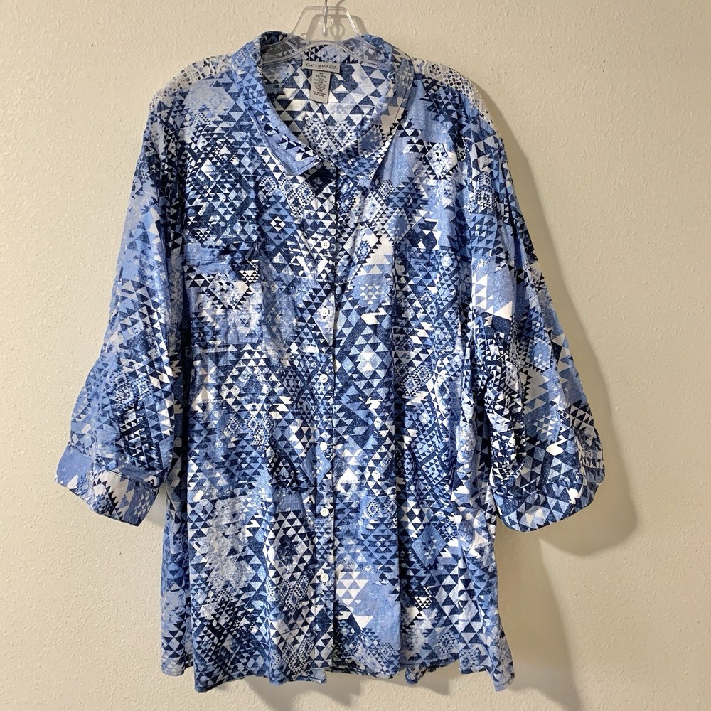 Catherine’s Women’s Button Up 3/4 Sleeve Blue Geometric Cotton Top 5X Blouse