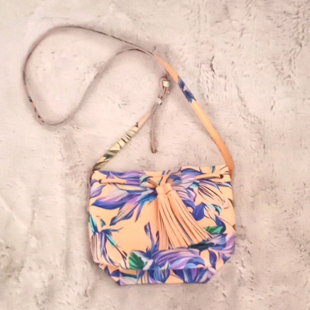 J. Crew Pastel Floral Leather Preppy Bucket Bag with Bohemian Tassel Drawstring