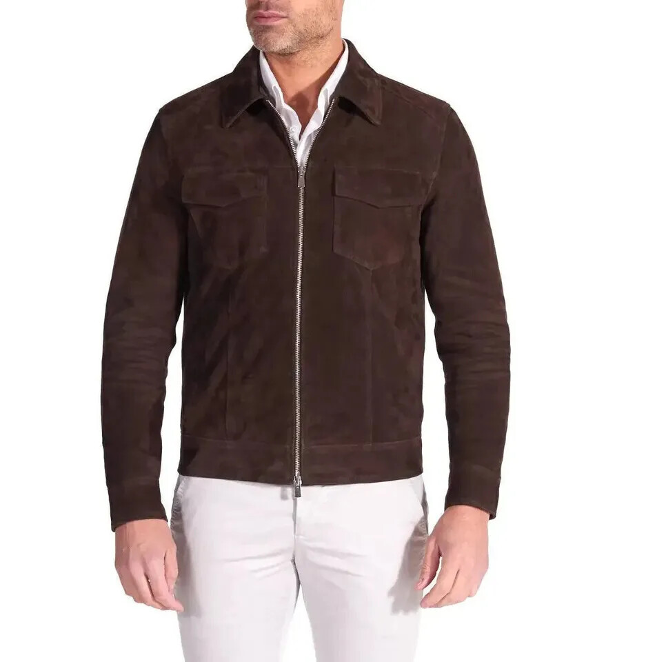 Casual Style Men's Zipper Front Authentic Suede 100% Leather Jacket Fashion Wear